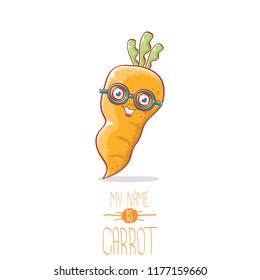 vector funny cartoon cute carrot character isolated on white background. My name is carrot vector concept illustration. funky autumn vegetable food character
