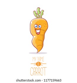 vector funny cartoon cute carrot character isolated on white background. My name is carrot vector concept illustration. funky autumn vegetable food character
