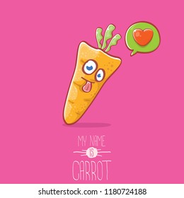 vector funny cartoon cute carrot character with speech bubble and heart isolated on pink background. My name is carrot vector concept illustration. funky autumn vegetable food character fall in love