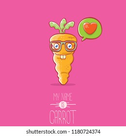 vector funny cartoon cute carrot character with speech bubble and heart isolated on pink background. My name is carrot vector concept illustration. funky autumn vegetable food character fall in love