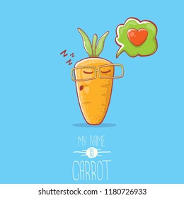 vector funny cartoon cute carrot character with speech bubble and heart isolated on blue background. My name is carrot vector concept illustration. funky autumn vegetable food character fall in love