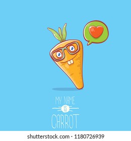 vector funny cartoon cute carrot character with speech bubble and heart isolated on blue background. My name is carrot vector concept illustration. funky autumn vegetable food character fall in love