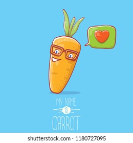 caricatura vectorial lindo personaje de zanahoria con burbuja de habla y corazón aislado en el fondo azul. Mi nombre es ilustración conceptual del vector de zanahoria. el personaje funky de la comida vegetal del otoño se enamora