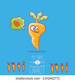 vector funny cartoon cute carrot character with speech bubble and heart isolated on blue background. My name is carrot vector concept illustration. funky autumn vegetable food character fall in love
