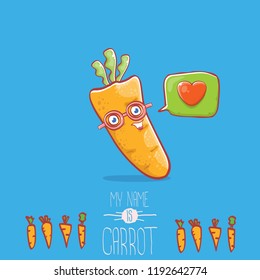 vector funny cartoon cute carrot character with speech bubble and heart isolated on blue background. My name is carrot vector concept illustration. funky autumn vegetable food character fall in love