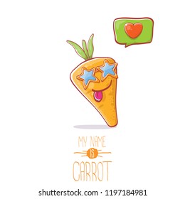 vector funny cartoon cute carrot character with sunglasse and speech bubble with heart. My name is carrot vector illustration. Healthy food label concept