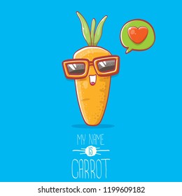 vector funny cartoon cute carrot character with sunglasse and speech bubble with heart. My name is carrot vector illustration. Healthy food label or world vegan day concept