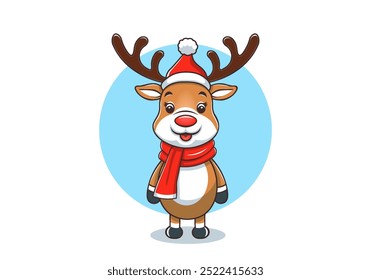 Vector funny cartoon cute deer standing on two hooves with red nose in Santa Claus hat and scarf. Merry Christmas and Happy New Year.