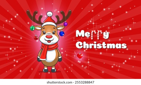 Vector funny cartoon cute deer standing on two hooves with red nose in Santa Claus hat, scarf and glass ball toys on horns. Merry Christmas and Happy New Year. Greeting red radiant card.