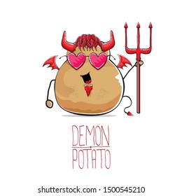 vector funny cartoon cute demon potato with fangs, trident and red wings isolated on white background. My name is demon potato vector concept halloween background. evil monster vegetable character