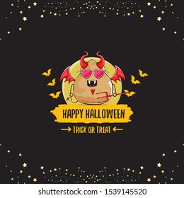 vector funny cartoon cute demon potato with fangs, trident and red wings isolated on dark background. Demon monster vegetable funky character. KIds halloween greeting card or banner