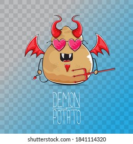 vector funny cartoon cute demon potato with fangs, trident and red wings isolated on transparent background. My name is demon potato concept halloween background. evil monster vegetable character