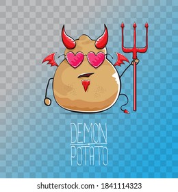 vector funny cartoon cute demon potato with fangs, trident and red wings isolated on transparent background. My name is demon potato concept halloween background. evil monster vegetable character