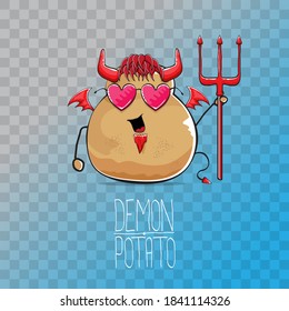 vector funny cartoon cute demon potato with fangs, trident and red wings isolated on transparent background. My name is demon potato concept halloween background. evil monster vegetable character