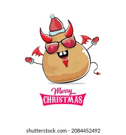 vector funny cartoon cute demon potato with santa claus red hat, fangs, trident and red wings isolated on white background. Childrens Merry Christmas greeting card with funny monster elf Santa Claus.