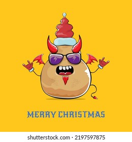 vector funny cartoon cute demon potato with santa claus red hat, fangs, trident and red wings isolated on orange background. Childrens Merry Christmas greeting card with funny monster elf Santa Claus.