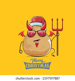 vector funny cartoon cute demon potato with santa claus red hat, fangs, trident and red wings isolated on orange background. Childrens Merry Christmas greeting card with funny monster elf Santa Claus.