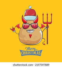 vector funny cartoon cute demon potato with santa claus red hat, fangs, trident and red wings isolated on orange background. Childrens Merry Christmas greeting card with funny monster elf Santa Claus.