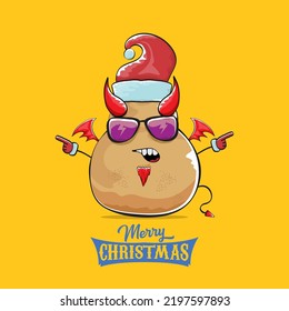 vector funny cartoon cute demon potato with santa claus red hat, fangs, trident and red wings isolated on orange background. Childrens Merry Christmas greeting card with funny monster elf Santa Claus.