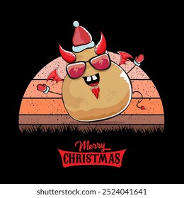 vector funny cartoon cute demon potato with santa claus red hat, fangs, trident and red wings isolated on sun background. Childrens Merry Christmas greeting card with funny monster elf Santa Claus.