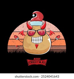 vector funny cartoon cute demon potato with santa claus red hat, fangs, trident and red wings isolated on sun background. Childrens Merry Christmas greeting card with funny monster elf Santa Claus.