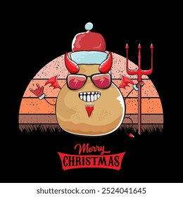 vector funny cartoon cute demon potato with santa claus red hat, fangs, trident and red wings isolated on sun background. Childrens Merry Christmas greeting card with funny monster elf Santa Claus.