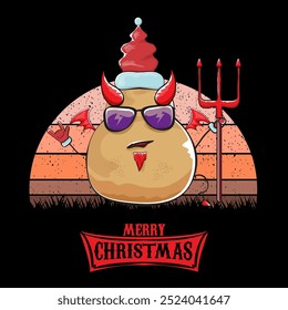 vector funny cartoon cute demon potato with santa claus red hat, fangs, trident and red wings isolated on sun background. Childrens Merry Christmas greeting card with funny monster elf Santa Claus.