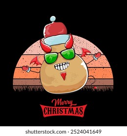 vector funny cartoon cute demon potato with santa claus red hat, fangs, trident and red wings isolated on sun background. Childrens Merry Christmas greeting card with funny monster elf Santa Claus.