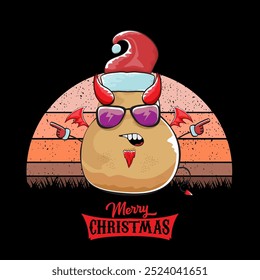 vector funny cartoon cute demon potato with santa claus red hat, fangs, trident and red wings isolated on sun background. Childrens Merry Christmas greeting card with funny monster elf Santa Claus.