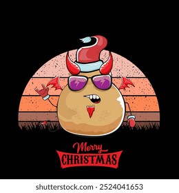 vector funny cartoon cute demon potato with santa claus red hat, fangs, trident and red wings isolated on sun background. Childrens Merry Christmas greeting card with funny monster elf Santa Claus.