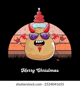 vector funny cartoon cute demon potato with santa claus red hat, fangs, trident and red wings isolated on sun background. Childrens Merry Christmas greeting card with funny monster elf Santa Claus.