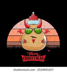 vector funny cartoon cute demon potato with santa claus red hat, fangs, trident and red wings isolated on sun background. Childrens Merry Christmas greeting card with funny monster elf Santa Claus.