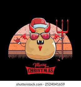 vector funny cartoon cute demon potato with santa claus red hat, fangs, trident and red wings isolated on sun background. Childrens Merry Christmas greeting card with funny monster elf Santa Claus.