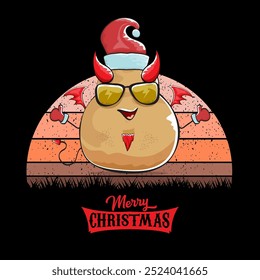 vector funny cartoon cute demon potato with santa claus red hat, fangs, trident and red wings isolated on sun background. Childrens Merry Christmas greeting card with funny monster elf Santa Claus.