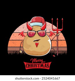 vector funny cartoon cute demon potato with santa claus red hat, fangs, trident and red wings isolated on sun background. Childrens Merry Christmas greeting card with funny monster elf Santa Claus.