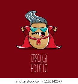 vector funny cartoon cute dracula potato with fangs and red cape isolated on red background. My name is dracula potato vector concept halloween background. vampire monster vegetable funky character