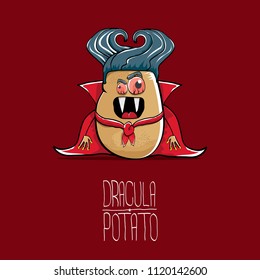 vector funny cartoon cute dracula potato with fangs and red cape isolated on red background. My name is dracula potato vector concept halloween background. vampire monster vegetable funky character