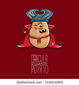 vector funny cartoon cute dracula potato with fangs and red cape isolated on red background. My name is dracula potato vector concept halloween background. vampire monster vegetable funky character