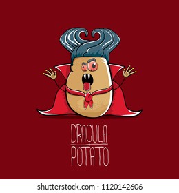 vector funny cartoon cute dracula potato with fangs and red cape isolated on red background. My name is dracula potato vector concept halloween background. vampire monster vegetable funky character