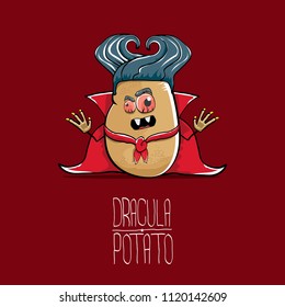 vector funny cartoon cute dracula potato with fangs and red cape isolated on red background. My name is dracula potato vector concept halloween background. vampire monster vegetable funky character