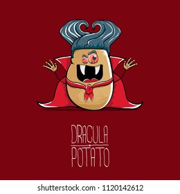 vector funny cartoon cute dracula potato with fangs and red cape isolated on red background. My name is dracula potato vector concept halloween background. vampire monster vegetable funky character