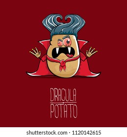 vector funny cartoon cute dracula potato with fangs and red cape isolated on red background. My name is dracula potato vector concept halloween background. vampire monster vegetable funky character