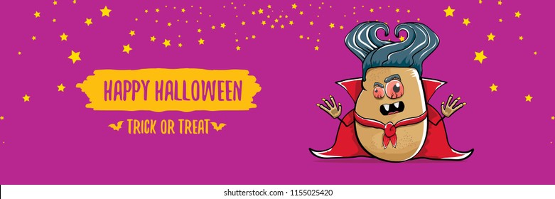 vector funny cartoon cute dracula potato with fangs and red cape isolated on violet background. happy halloween horizontal banner background . vampire monster vegetable funky character