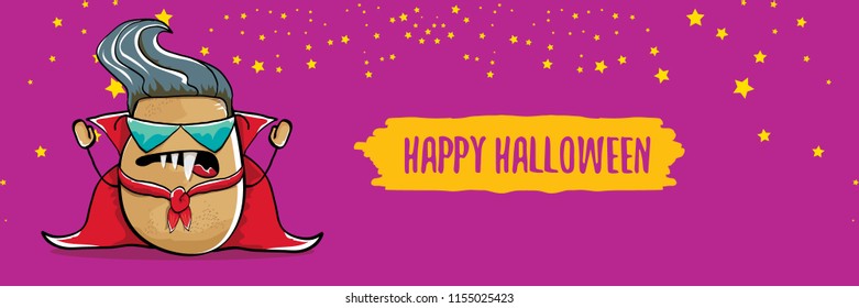 vector funny cartoon cute dracula potato with fangs and red cape isolated on violet background. happy halloween horizontal banner background . vampire monster vegetable funky character