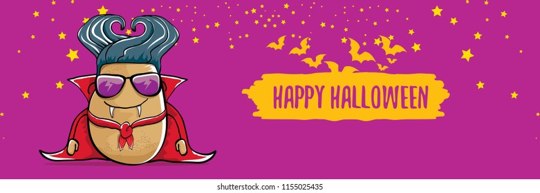 vector funny cartoon cute dracula potato with fangs and red cape isolated on violet background. happy halloween horizontal banner background . vampire monster vegetable funky character