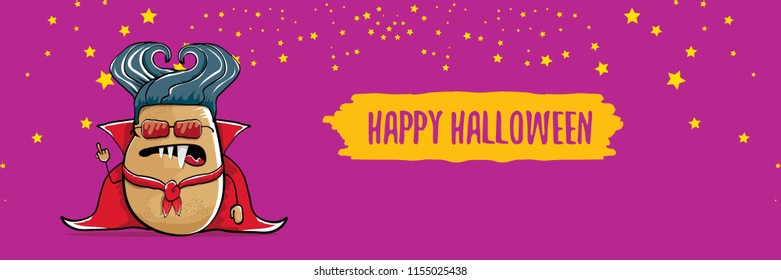 vector funny cartoon cute dracula potato with fangs and red cape isolated on violet background. happy halloween horizontal banner background . vampire monster vegetable funky character