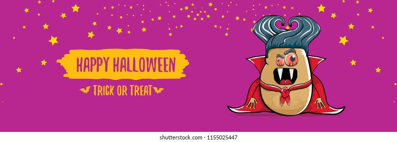 vector funny cartoon cute dracula potato with fangs and red cape isolated on violet background. happy halloween horizontal banner background . vampire monster vegetable funky character