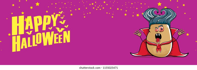 vector funny cartoon cute dracula potato with fangs and red cape isolated on violet background. happy halloween horizontal banner background . vampire monster vegetable funky character