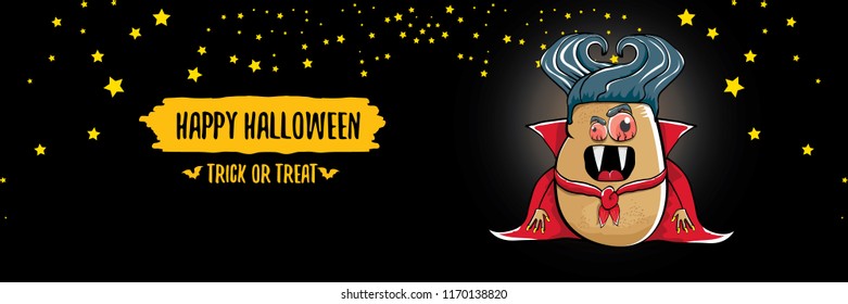vector funny cartoon cute dracula potato with fangs and red cape isolated on dark background. happy halloween horizontal banner background . vampire monster vegetable funky character