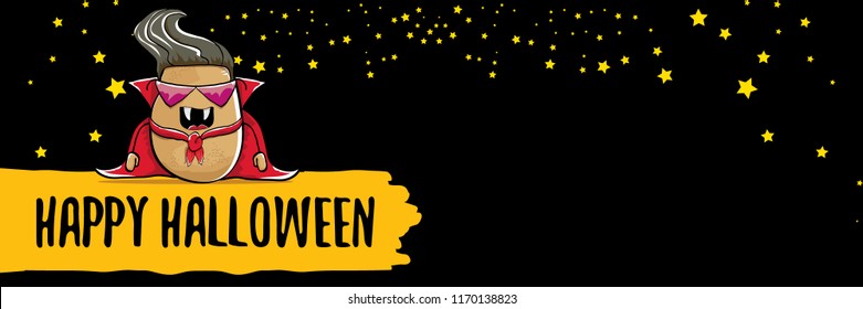 vector funny cartoon cute dracula potato with fangs and red cape isolated on dark background. happy halloween horizontal banner background . vampire monster vegetable funky character